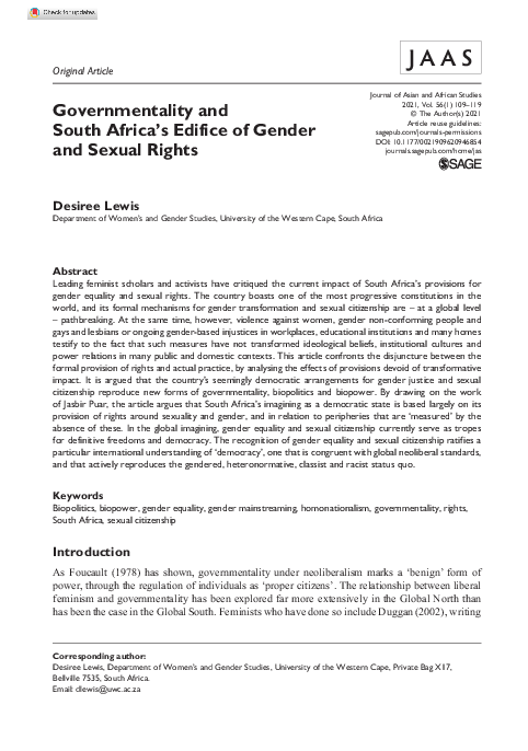 (PDF) Governmentality and South Africa’s Edifice of Gender and Sexual ...