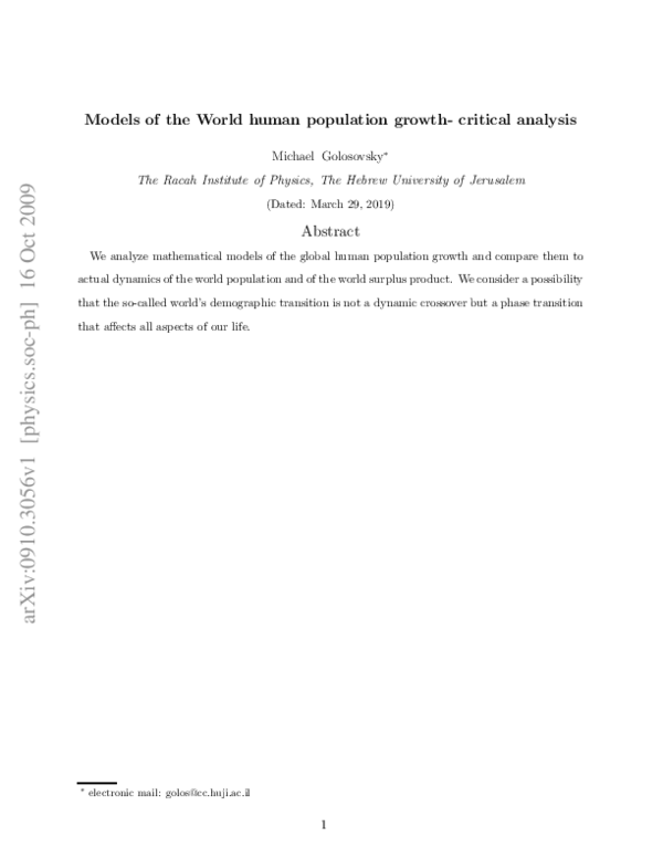 (PDF) Models of the World human population growth- critical analysis