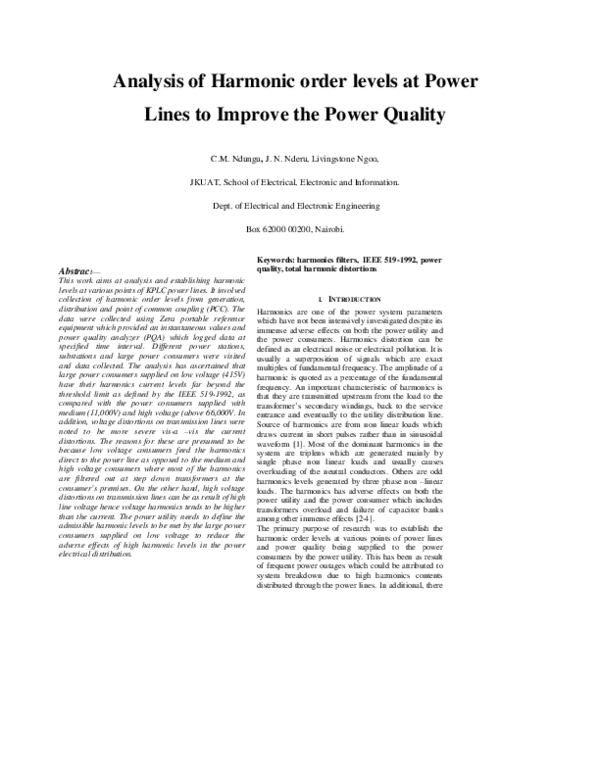 (PDF) Analysis of Harmonic order levels at Power Lines to Improve the ...