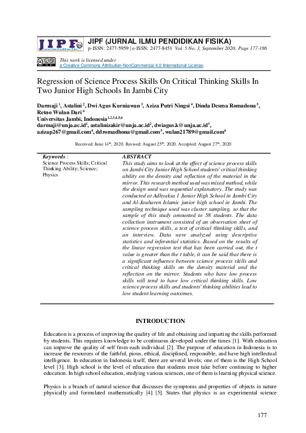 (PDF) Regression of Science Process Skills On Critical Thinking Skills ...