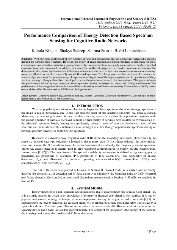(PDF) Performance Comparison of Energy Detection Based Spectrum Sensing ...