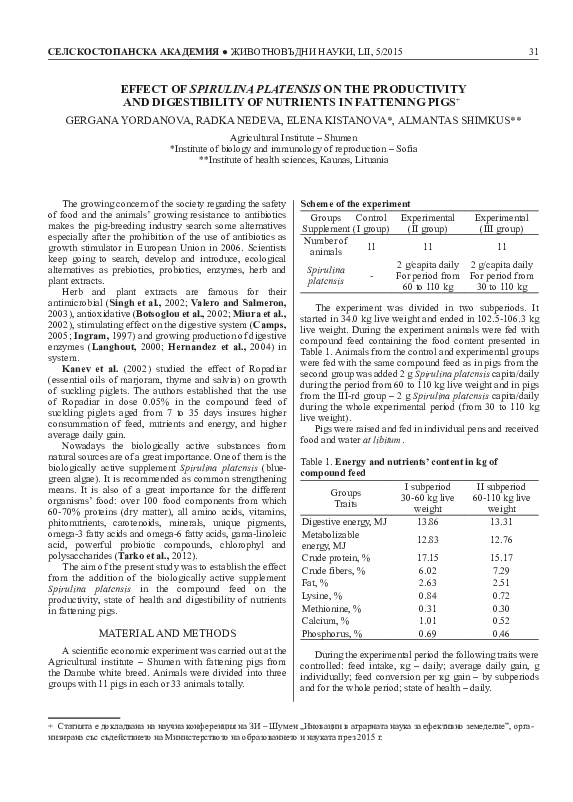 (PDF) Effect of Spirulina Platensis on the Productivity and ...