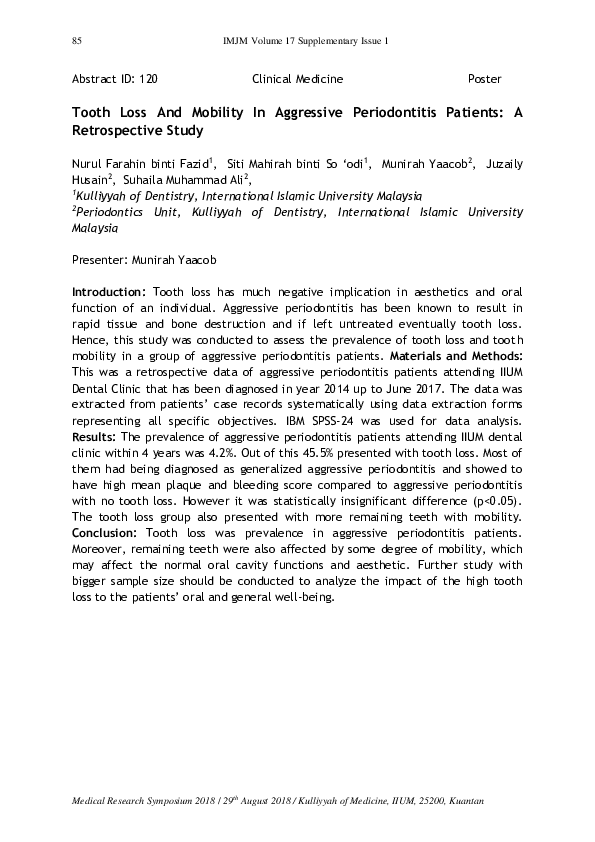 (PDF) Tooth Loss And Mobility In Aggressive Periodontitis Patients: A ...