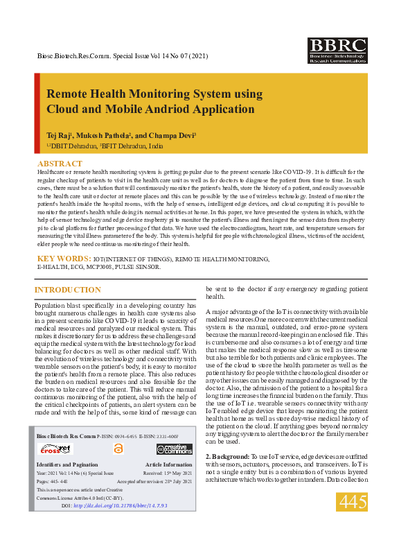 (PDF) Remote Health Monitoring System using Cloud and Mobile Andriod
