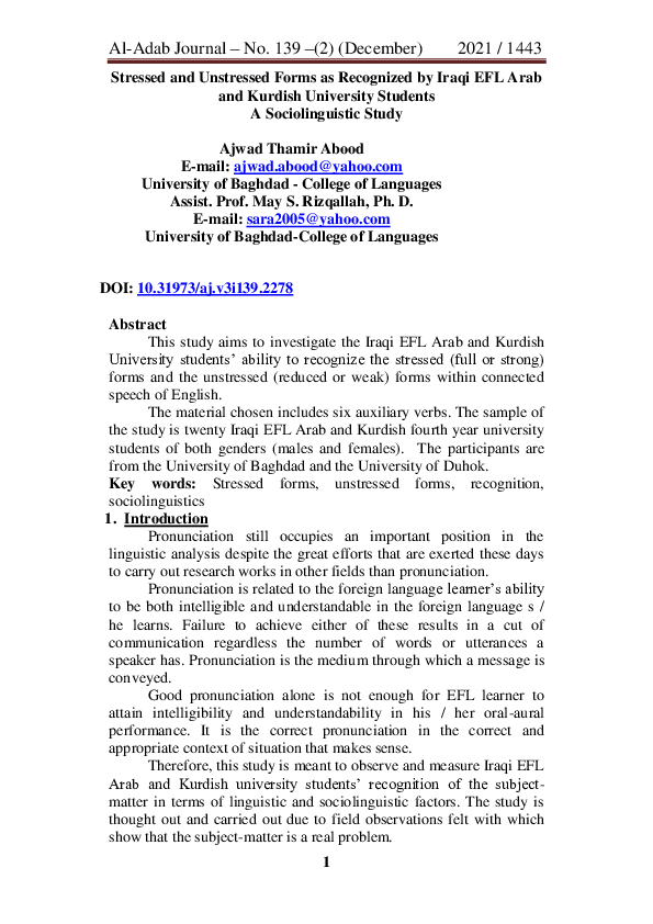 (PDF) Stressed and Unstressed Forms as Recognized by Iraqi EFL Arab and ...