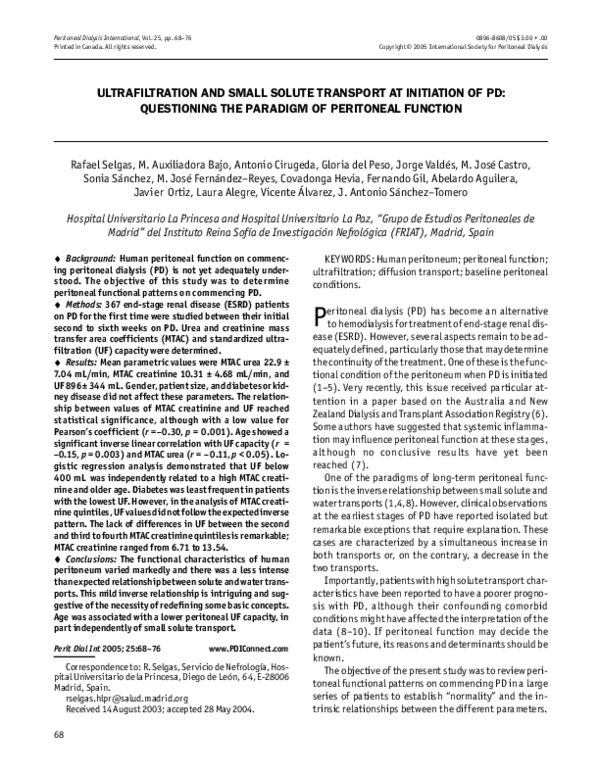 (PDF) Ultrafiltration and Small Solute Transport at Initiation of PD ...