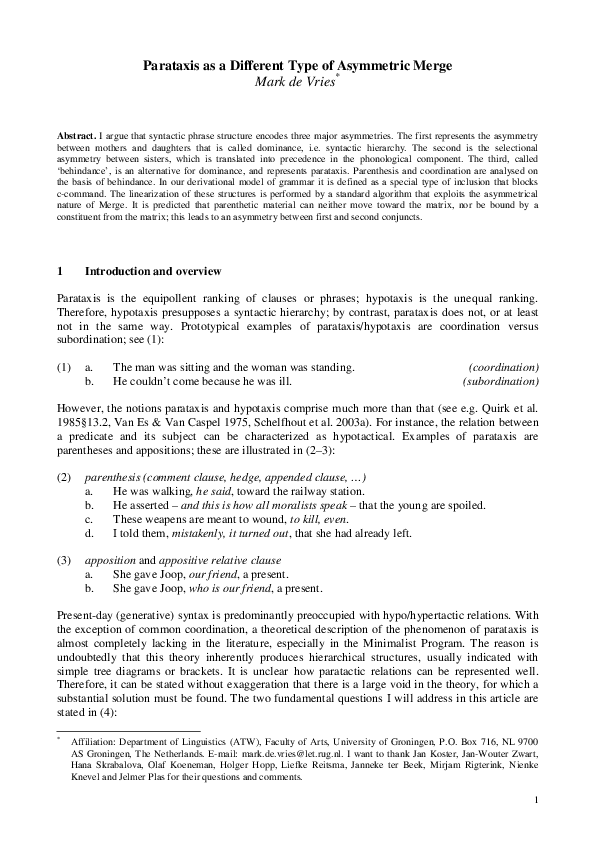 (PDF) Parataxis as a different type of asymmetric Merge