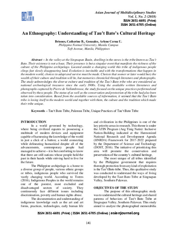 (PDF) An Ethnography Understanding of Tau’t Bato’s Cultural Heritage