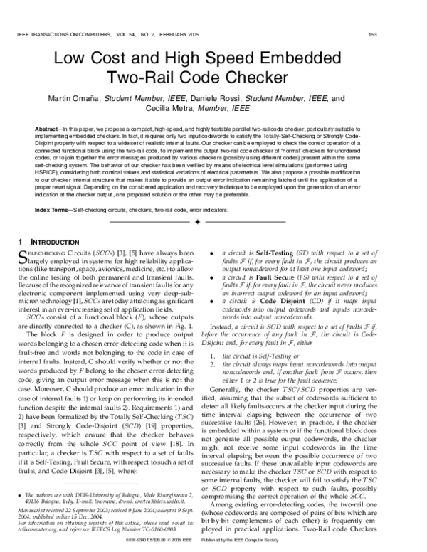(PDF) Low cost and high speed embedded two-rail code checker