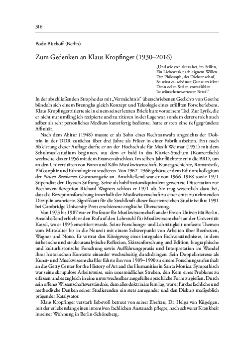 (PDF) Zum Gedenken an Klaus Kropfinger (19302016) Bodo Bischoff