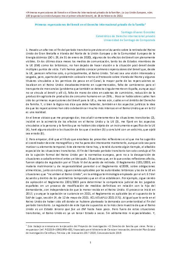 Primeras repercusiones del brexit en el Derecho internacional privado de la familia