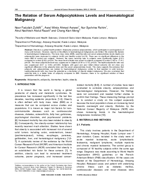 (PDF) The Relation of Serum Adipocytokines Levels and Haematological ...