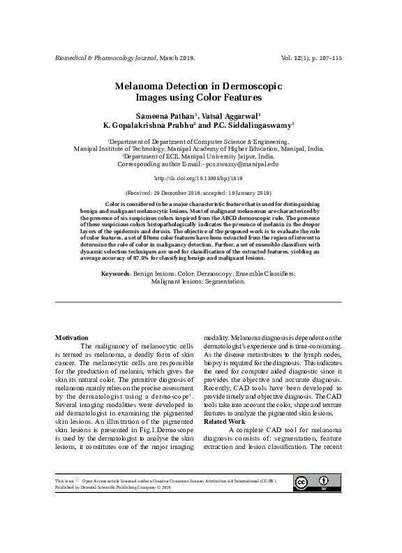 (PDF) Melanoma Detection in Dermoscopic Images using Color Features