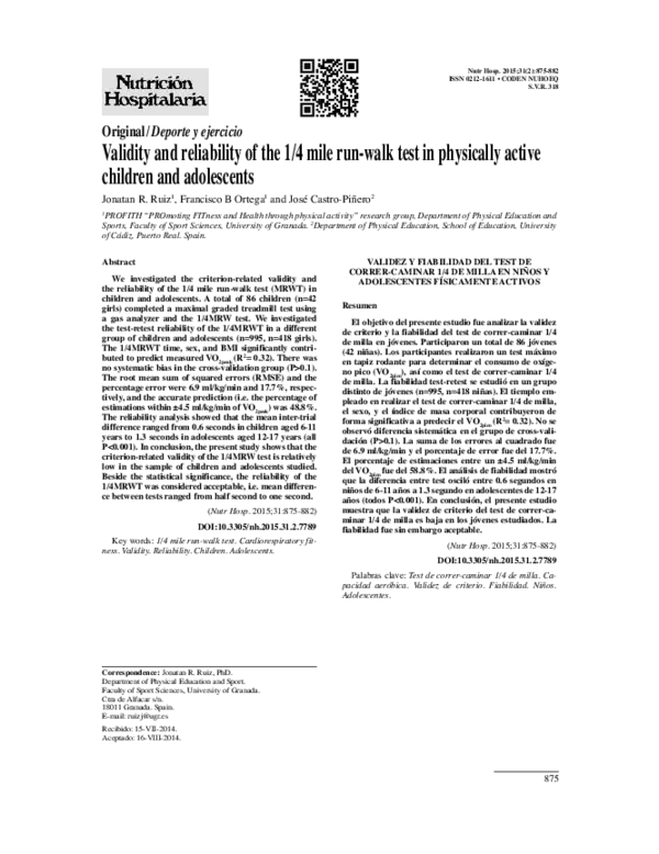 (PDF) Validity and Reliability of the 1/4 Mile Run-Walk Test in ...