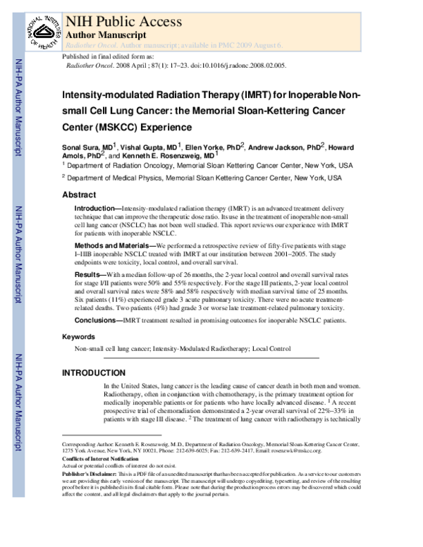 (PDF) Intensity-Modulated Radiation Therapy (IMRT) for Inoperable Non ...