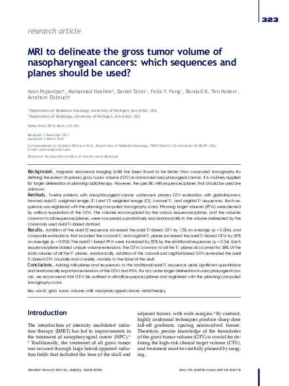 (PDF) MRI to delineate the gross tumor volume of nasopharyngeal cancers ...