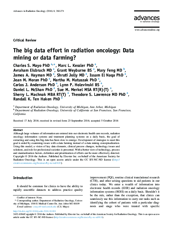 (PDF) The big data effort in radiation oncology: Data mining or data ...