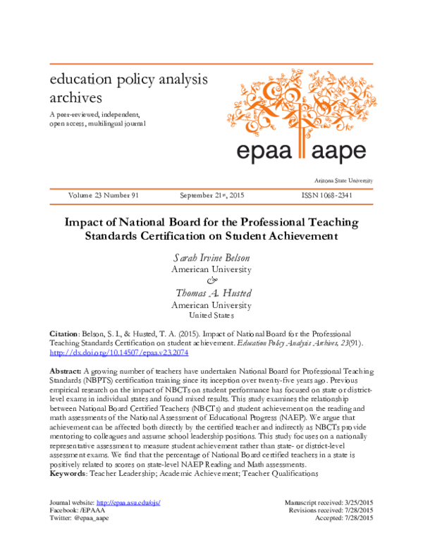 (PDF) Impact of National Board for the Professional Teaching Standards ...
