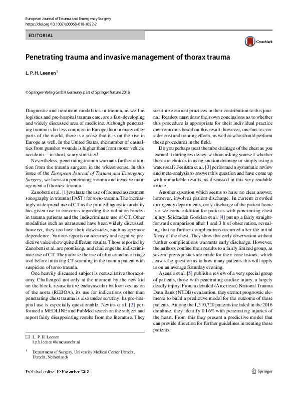 (PDF) Penetrating trauma and invasive management of thorax trauma