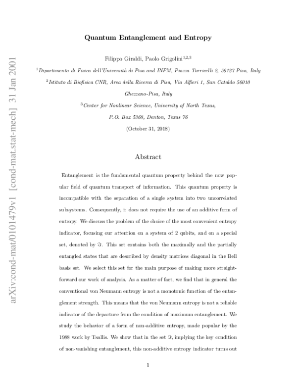(PDF) Quantum entanglement and entropy
