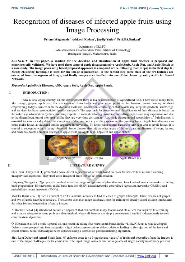 (PDF) Recognition of diseases of infected apple fruits using Image ...