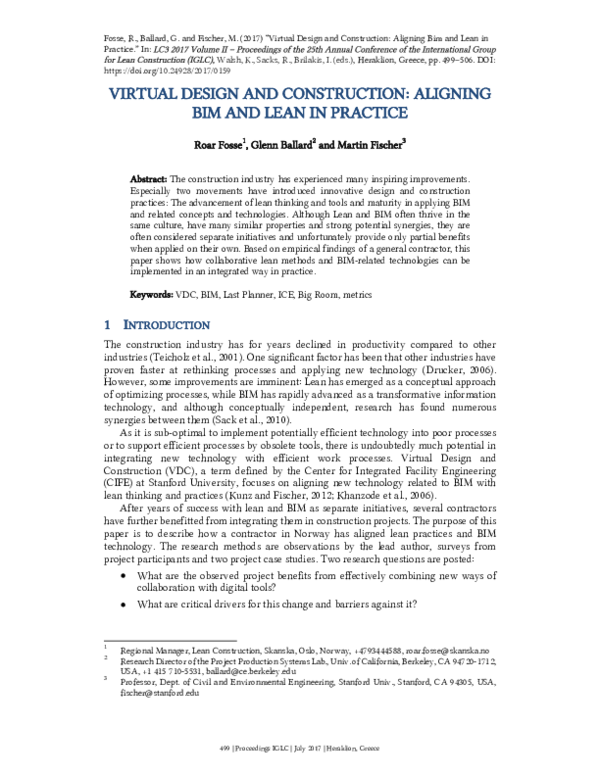 (PDF) Virtual Design and Construction: Aligning BIM and Lean in Practice