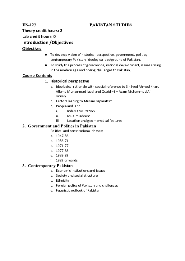 (DOC) PAKISTAN STUDIES course outline by HU under HEC