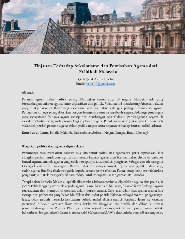 Pdf Tinjauan Terhadap Sekularisme Dan Pemisahan Agama Dari Politik Di