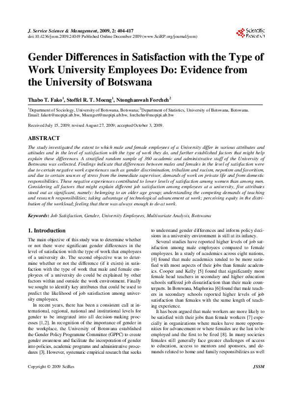 (PDF) Gender Differences in Satisfaction with the Type of Work ...