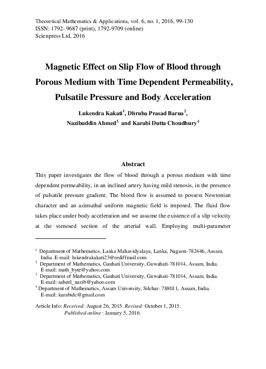 (PDF) Magnetic Effect on Slip Flow of Blood through Porous Medium with ...