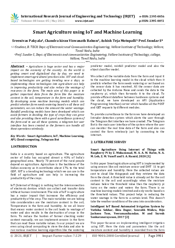 (PDF) Smart Agriculture using IoT and Machine Learning