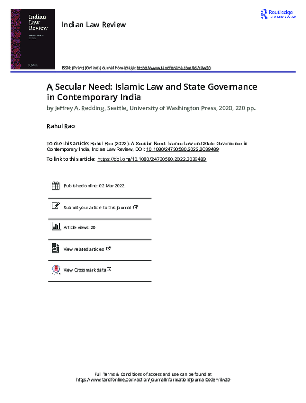 (PDF) Book Review: 'A Secular Need—Islamic Law and State Governance in ...