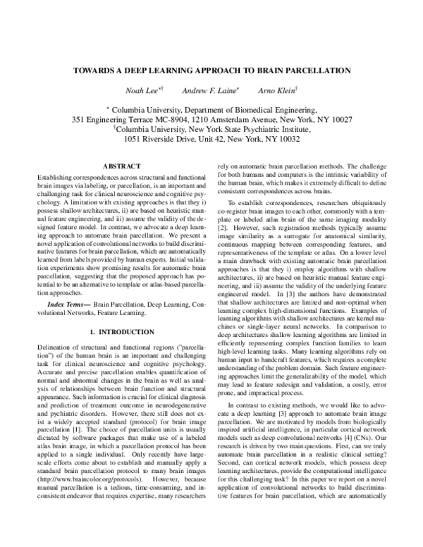 (PDF) Towards a deep learning approach to brain parcellation