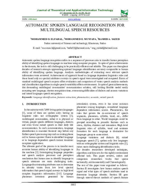 (PDF) Automatic Spoken Language Recognition for Multilingual Speech ...