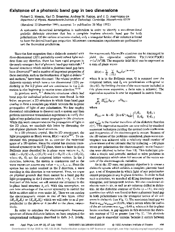 (PDF) Existence of a photonic band gap in two dimensions