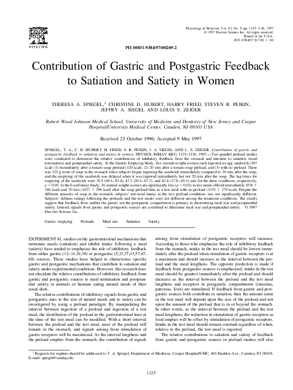 (PDF) Contribution of gastric and postgastric feedback to satiation and ...