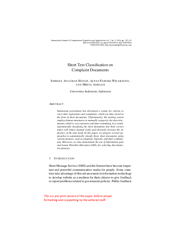 (PDF) Short Text Classification on Complaint Documents