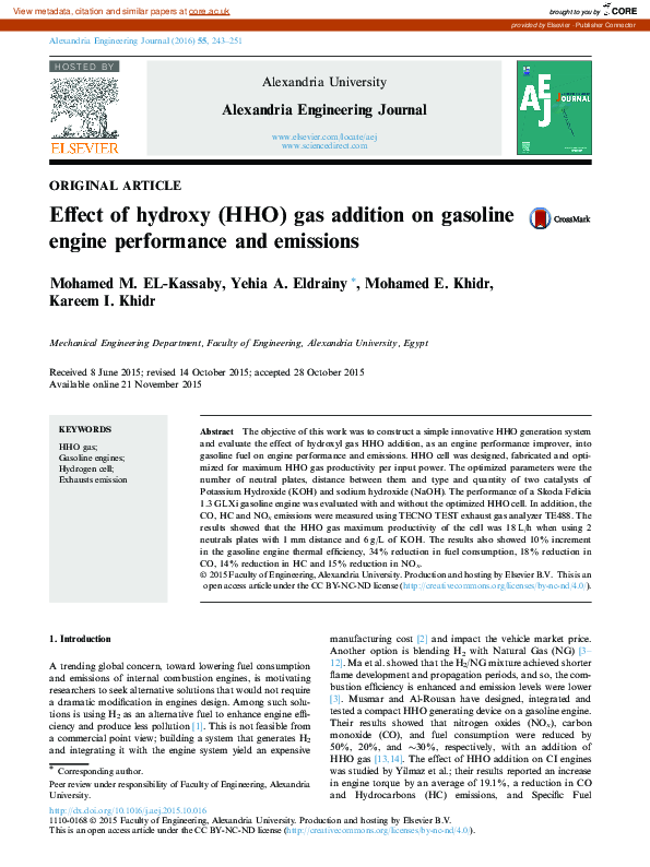 (PDF) Effect of hydroxy (HHO) gas addition on gasoline engine ...