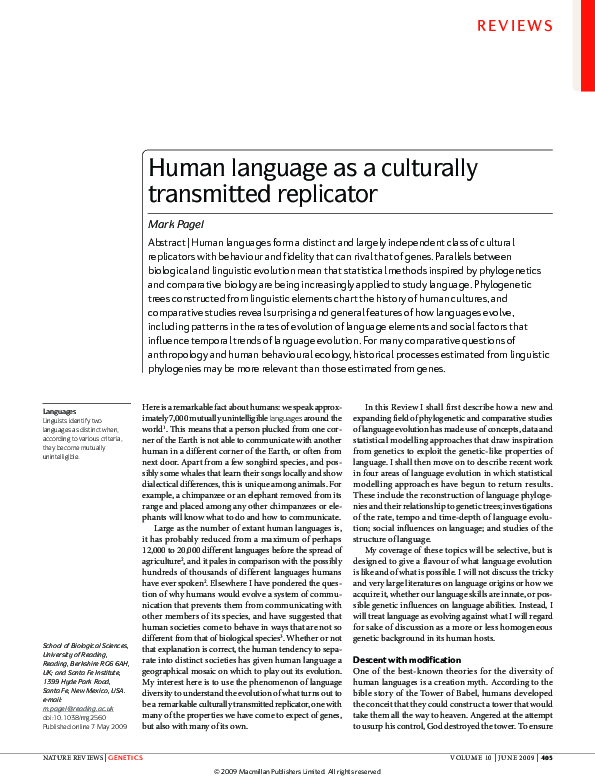 (PDF) Human language as a culturally transmitted replicator