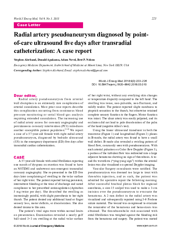 (PDF) Radial artery pseudoaneurysm diagnosed by point-of-care ...