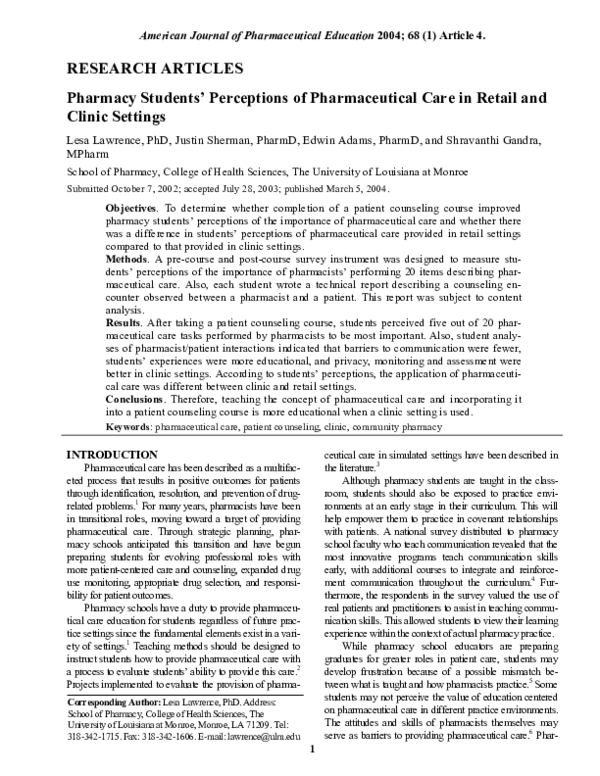 (PDF) Pharmacy Students' Perceptions of Pharmaceutical Care in Retail ...