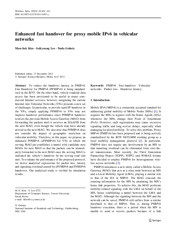 (PDF) Enhanced fast handover for proxy mobile IPv6 in vehicular networks