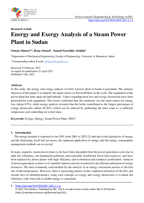 (PDF) Energy and Exergy Analysis of a Steam Power Plant in Sudan