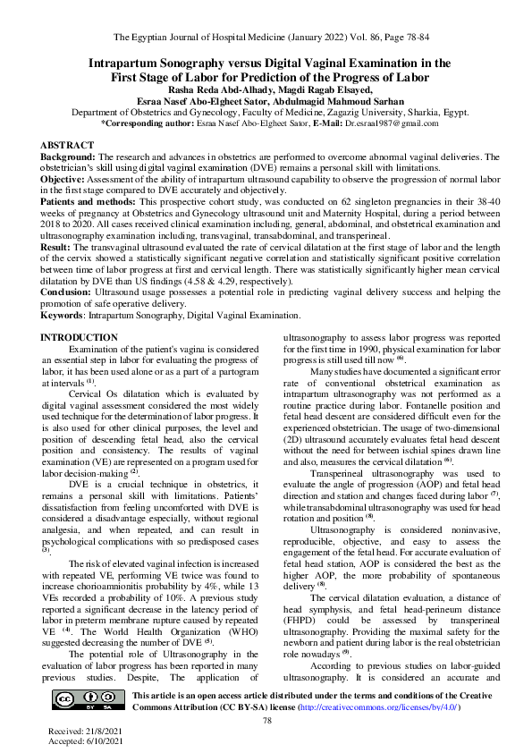 (PDF) Intrapartum Sonography versus Digital Vaginal Examination in the ...