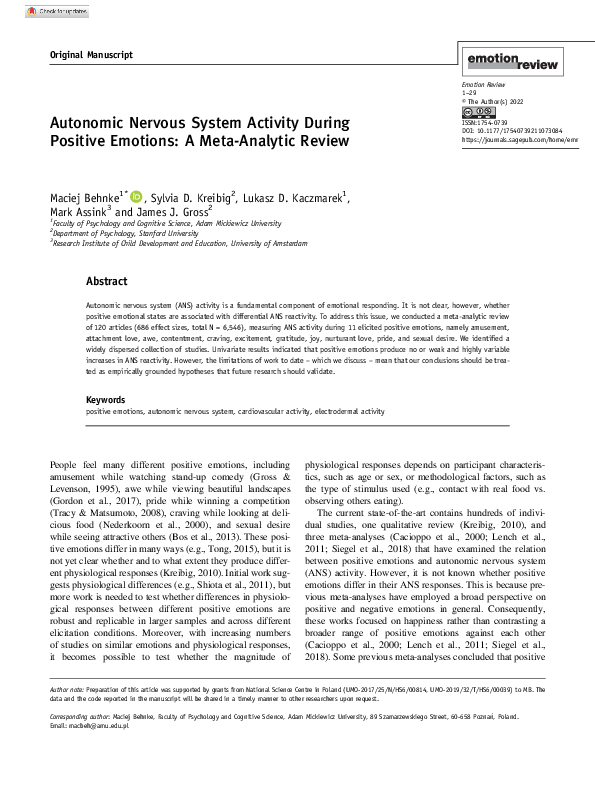 (PDF) Autonomic Nervous System Activity During Positive Emotions: A ...