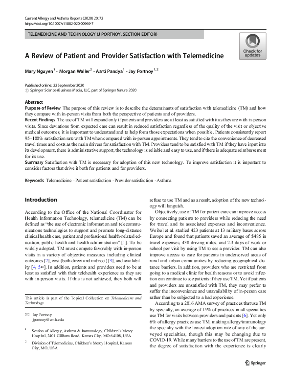 (PDF) A Review of Patient and Provider Satisfaction with Telemedicine