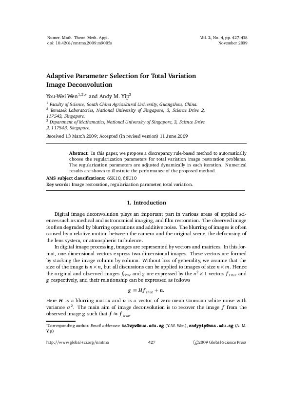 (PDF) Adaptive parameter selection for total variation image deconvolution