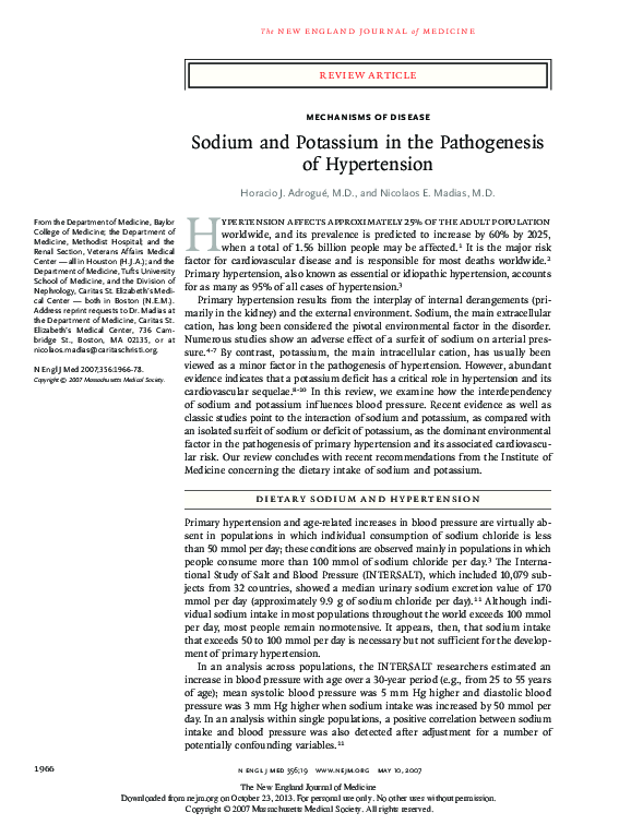 (PDF) Sodium and Potassium in the Pathogenesis of Hypertension