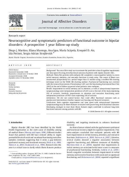 (PDF) Neurocognitive and symptomatic predictors of functional outcome ...