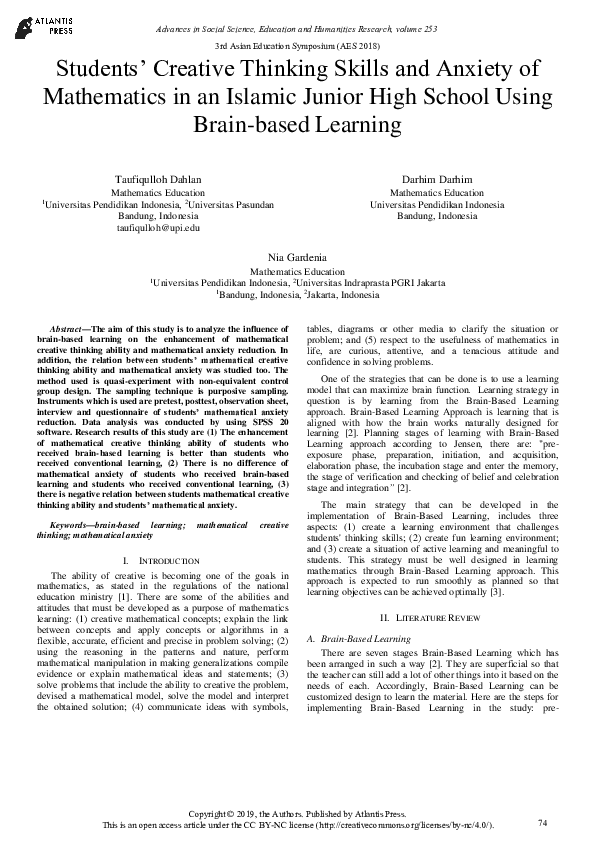 (PDF) Students’ Creative Thinking Skills and Anxiety of Mathematics in ...